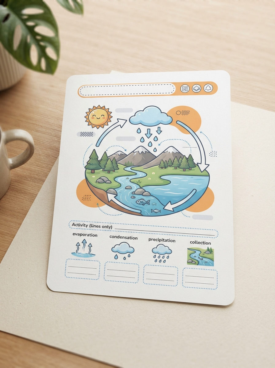 A beautifully designed modern printable worksheet on a desk, featuring a delightful labelled water-cycle diagram with soft rounded icons and tangerine accent shapes.